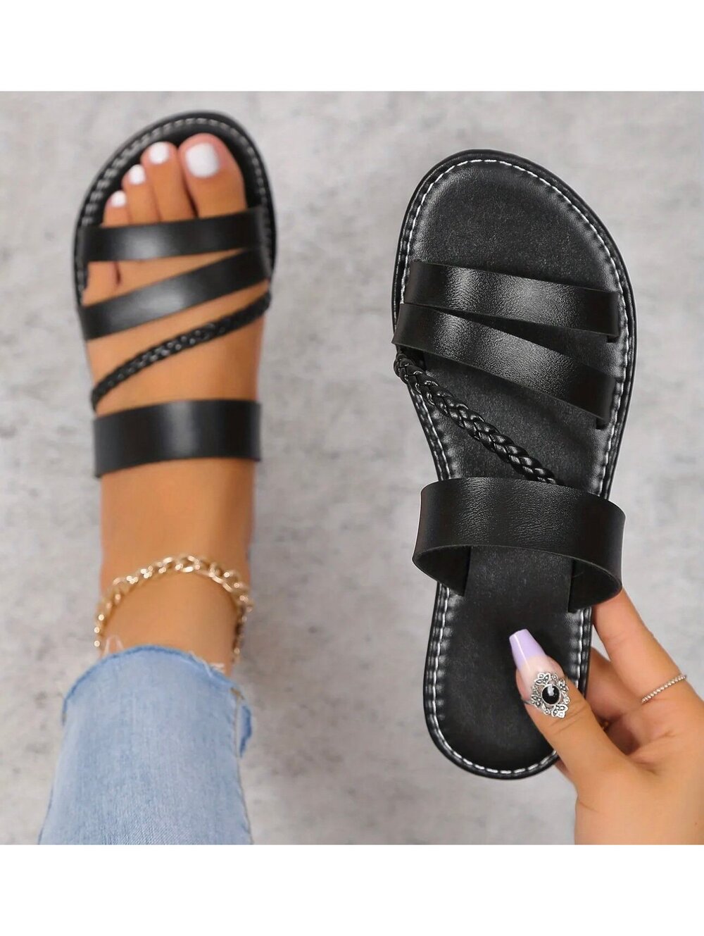 New -Chic -Open-Toe Faux Leather Flat Heel Strappy Sandals -Black -Size 8